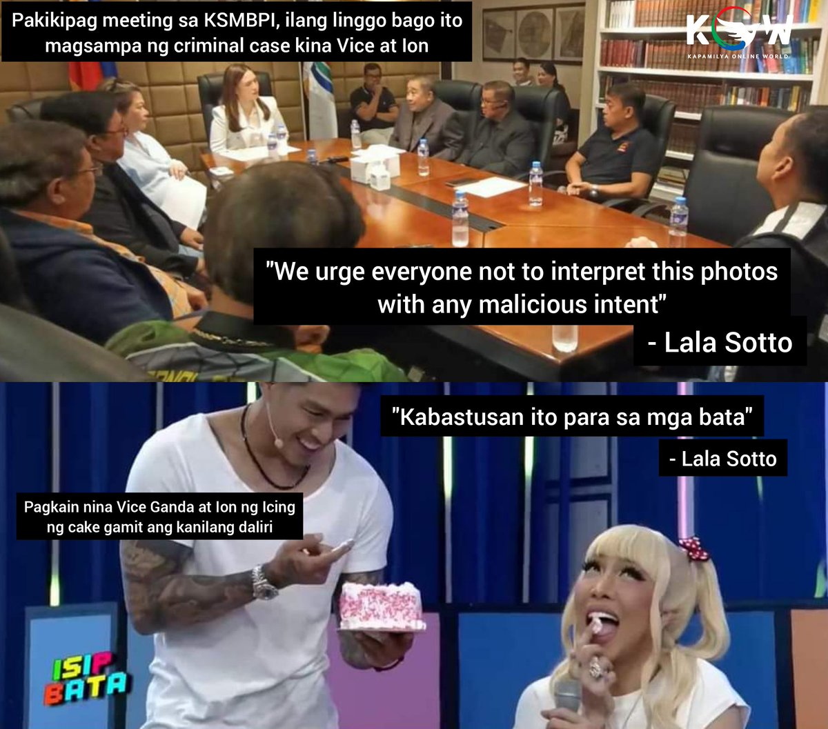kowalerts's tweet photo. Pag sila ang Malisyoso nasa tama raw, pag Madlang Pipol ang nagtanong e bawal na?

Lala Sotto naki usap sa netizens na huwag bigyan ng malisyosong interpretasyon ang pakikipag meeting niya sa KSMBPI na siyang nagsampa ng kaso laban kina Vice Ganda at Ion Perez para sa icing cake isyu nila, ito ay matapos namang bigyan niya ng malisyosong interpretasyon ang pagkain nina Vice at Ion ng icing ng cake na para sa kaniya ay kabastusan umano.

#ShowtimeMode

Bakit naman ganern?, Kaya iisa lang ang sigaw ng netizens para sa kaniya eh -> https://t.co/ZOUCawvuiW