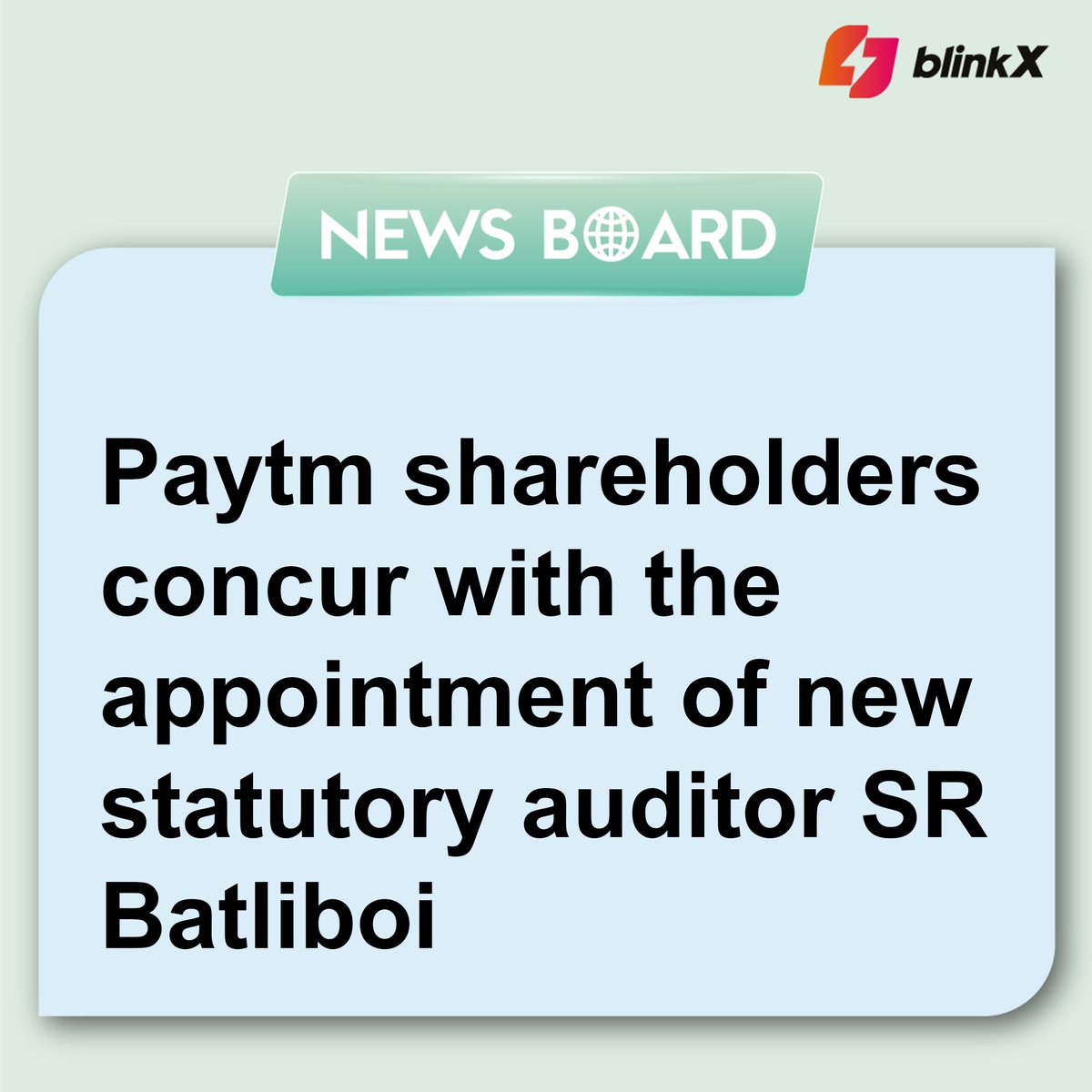 Shareholders had approved the nomination of S.R. Batliboi & Associates LLP as a new statutory auditor

Read more at - blinkx.in/news/company/p…

#Shareholders #Paytm #batliboi #auditor #Accounting #Finance #news #businessupdate #blinkX #getblinkX