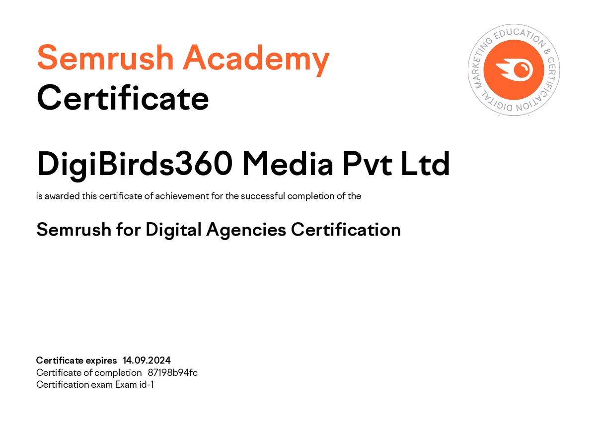 digibirds360's tweet photo. Digibirds360 Media Pvt Ltd is proud to receive the Semrush for Digital Agencies Certification! (https://t.co/JdcqRbrbzt). This certificate recognizes our team's expertise in using Semrush to help our clients achieve their digital marketing goals. https://t.co/ts8sPHez1H