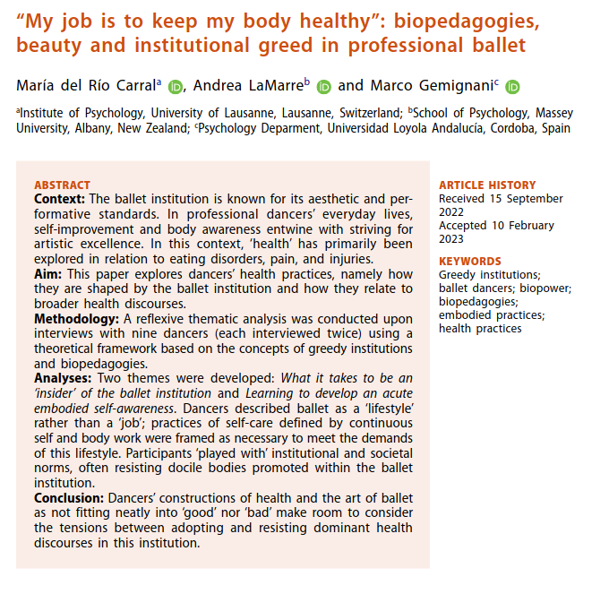 Du rapport à la santé et au corps des danseuses de ballet

“My job is to keep my body healthy”: biopedagogies, beauty and institutional greed in professional ballet 
by M. del Rio Carral et al.

👀

tandfonline.com/doi/full/10.10…
