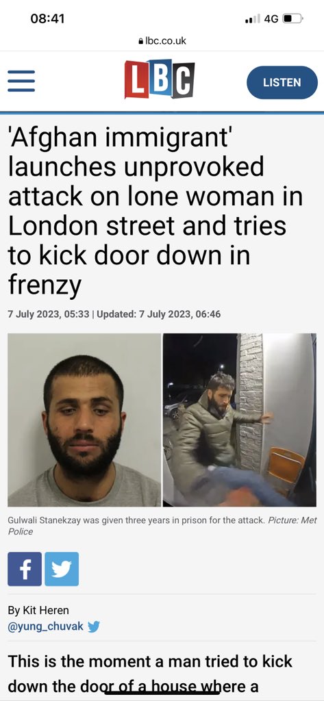 He suppose to be 22, he came here’s as an unaccompanied minor in 2016 from Afghanistan. Anyway he sees a lone woman and beats her up in the street, she makes it to her house where he tries kicking her front door in, she rings her dad, who gets his front teeth punched out and…