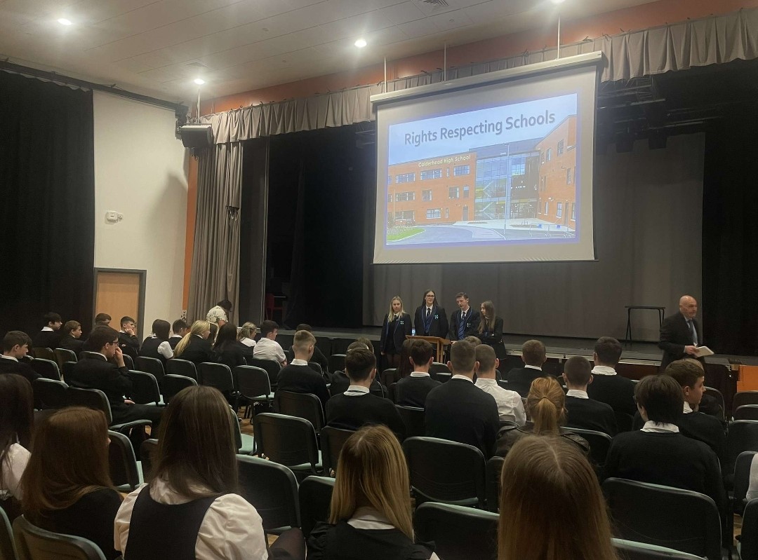 CalderheadRRS's tweet photo. The School Captains and Vice Captains delivering an assembly all about RRS! Amazing effort from all four 6th years ๐๐คฉ @CHS_Prefects #goingforsilver https://t.co/BY2XbZV0ol