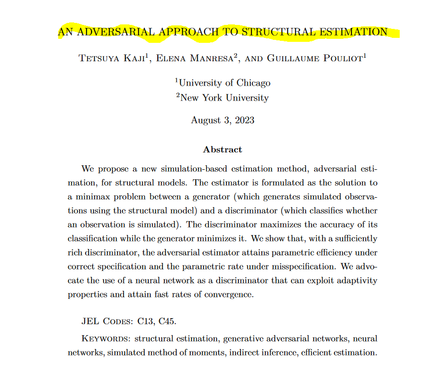 CavaliereGiu's tweet photo. Hi #EconTwitter! 📈

Ever wondered about a fresh, simulation-based approach to structural econometric models?

Check out this forthcoming #Econometrica paper by @emanresa82 (@nyuniversity), Kaji & Pouliot (@UofC). 

Their adversarial approach - a minimax game between a discriminator & generator - is brilliant!🤖

Highly recommended to econometricians and applied economists! 🌟

Link: https://t.co/0wwHZ5tcPf

#econometrics