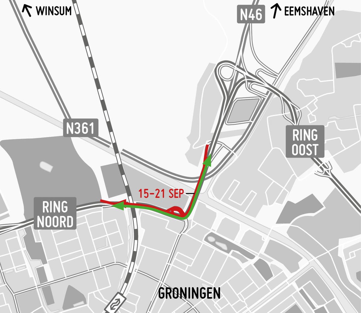 GronBereikbaar's tweet photo. Van vrijdag 15 september 06.00 uur tot donderdag 21 september 06.00 uur wordt op de noordelijke ringweg van #Groningen gewerkt tussen de #Noorderhoogebrug en #Selwerd. Toerit Groningerweg > Ring Noord is dan dicht, evenals toe- en afrit De Hoogte (9) en afrit Selwerd (10). ❌ https://t.co/XAZkfuPUN8