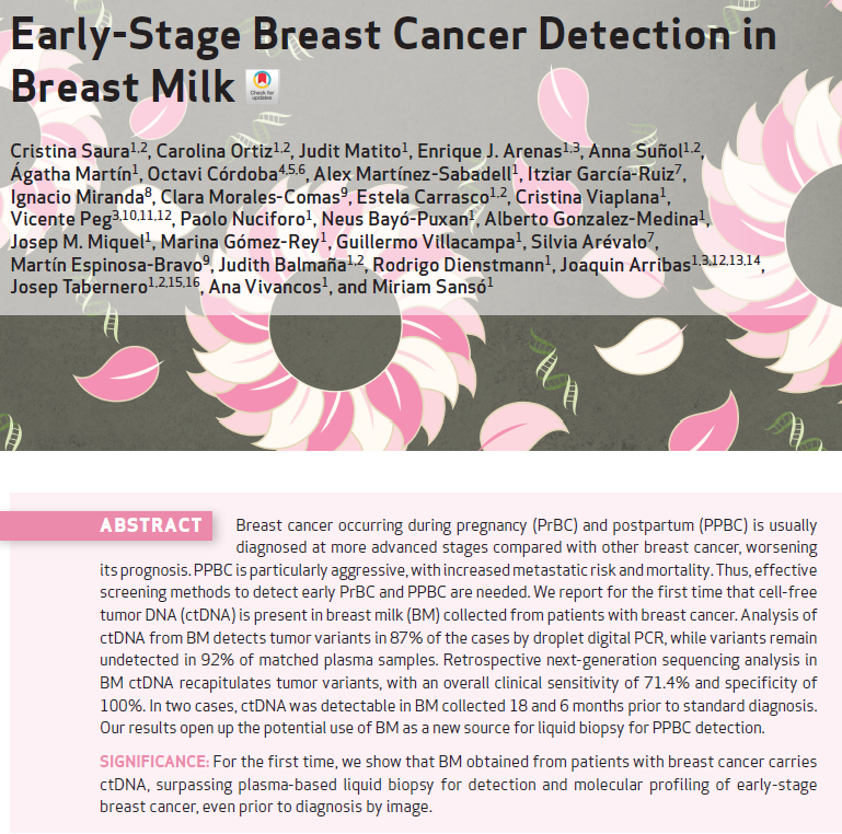 Online now: study in <a href="/CD_AACR/">Cancer Discovery</a> by Cristina Saura, Miriam Sanso, <a href="/AnaVivancosVHIO/">Ana Vivancos</a> and colleagues at <a href="/VHIO/">Vall d’Hebron Institute of Oncology (VHIO)</a>

Pioneering work to advance in the early detection of #breastcancer occurring during pregnancy and postpartum. aacrjournals.org/cancerdiscover…