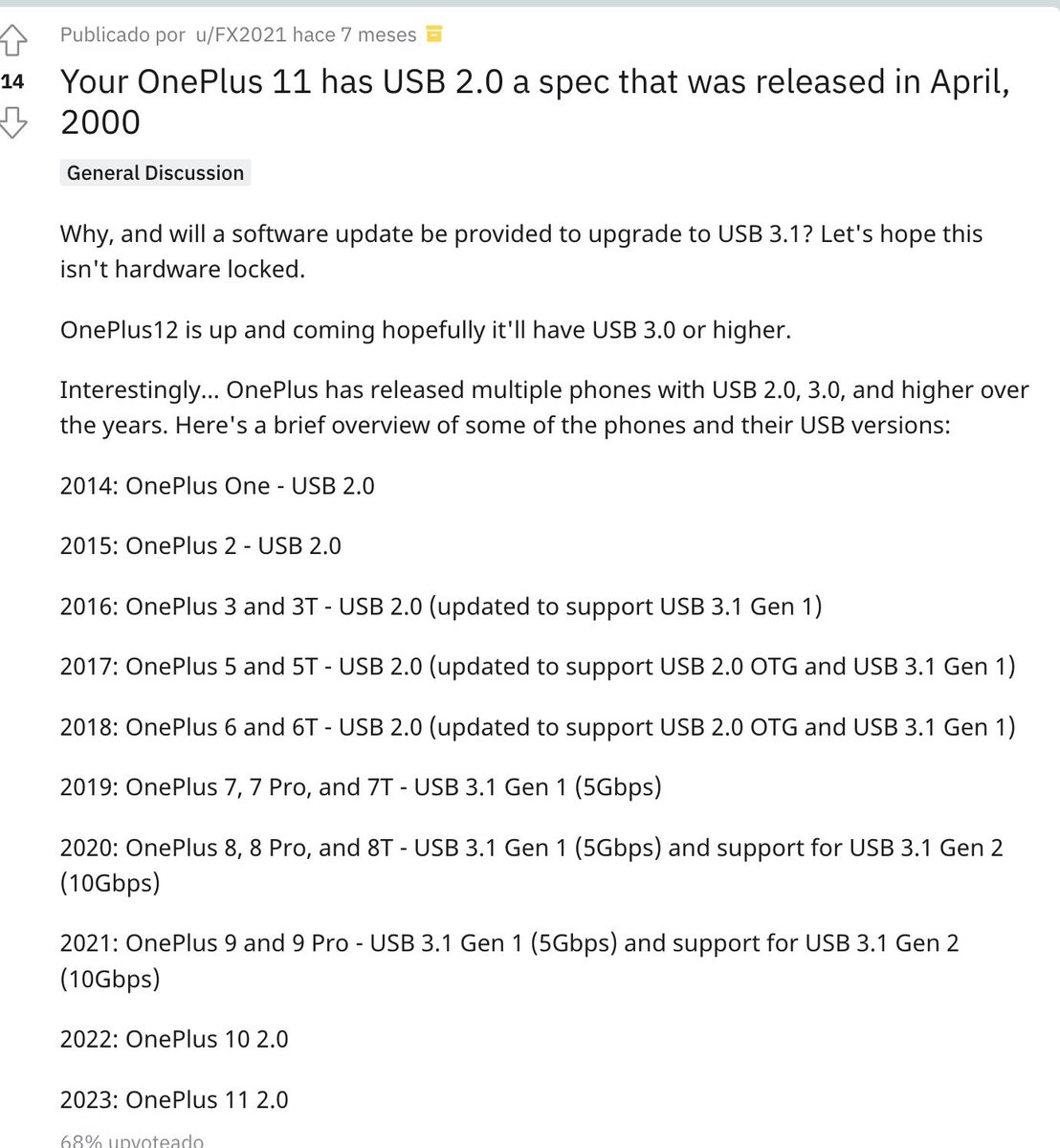 Ayer quedamos en que la falta de USB-C de alta velocidad en el iPhone 15 (959€) es muy criticable. Sin embargo, es buen momento para recordar el escrutinio al que se somete a Apple frente a otros.

USB-C 2.0 en 2023:

- Xiaomi 13 Pro (1399€)
- OnePlus 11 (849€)
- ...