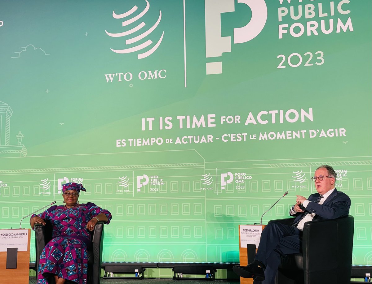 ⁦@NOIweala⁩ in conversation with ⁦@gideonrachman⁩ of the ⁦@FT⁩ at #WTOPUBLICFORUM :

🌐 'The WTO’s value is clear, and we must continue to demonstrate that the system works for people!' 💼 #WTO #TradeMatters