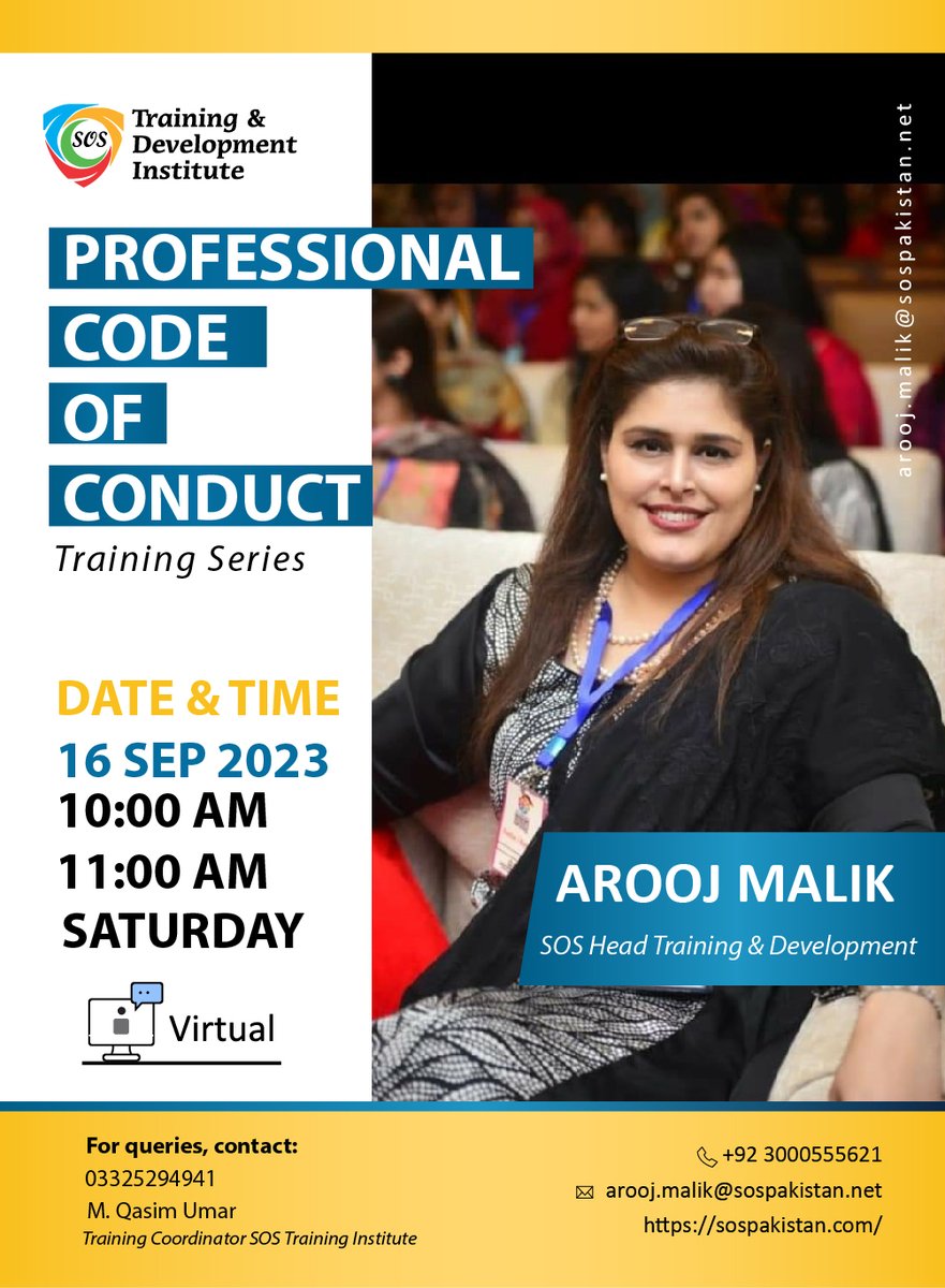 SOS_Training_'s tweet photo. Hi everyone!! Mark your calendars for our upcoming training on ''Professional Code of Conduct" happening this Sat, 16th Sep. Lets work together towards excellence.
#sostraininganddevelopmentinstitute #AroojMalik #SOS #professionaldevelopment #CodeOfConduct #professionalism https://t.co/jsOYQx3uVk