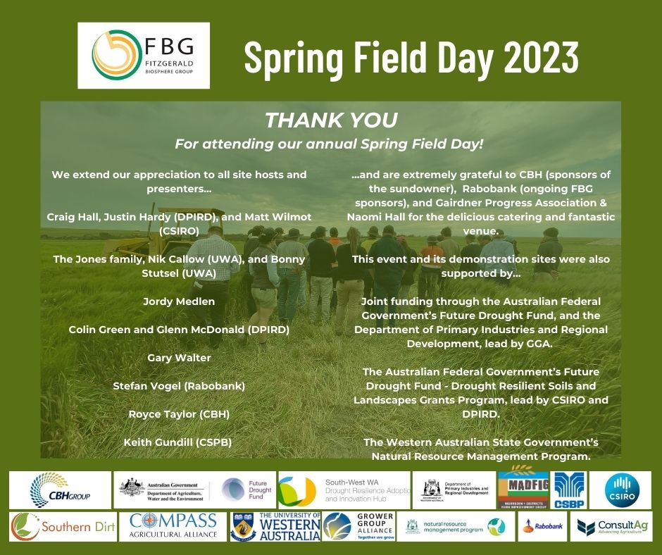 Another Spring Field Day done! A huge thank you to everyone who attended, presented, hosted, sponsored, and catered. <a href="/cbhgroup/">CBH Group</a> <a href="/CSBPfertilisers/">CSBP Fertilisers</a> <a href="/RabobankAU/">Rabobank Australia</a> @JordanneMedlen <a href="/Glenn_SoilAgro/">Glenn McDonald</a> <a href="/NikCallow/">Nik Callow</a> <a href="/BonnyStutsel/">Bonny Stutsel</a> <a href="/CraigHa35023778/">Craig Hall</a> <a href="/ColinGreen10/">Colin Green</a> <a href="/JHardy_1982/">Justin Hardy</a> <a href="/CSIRO/">CSIRO</a> <a href="/GundillkKeith/">Keith</a>