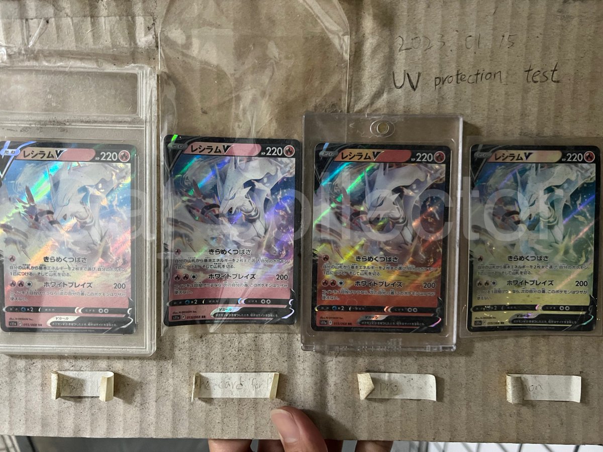 Shib_Army_'s tweet photo. UVカット試験 
UV protection test after 8 months.
Considering the thickness,  @THECARD_TOKYO ‘s product performs awesome.

https://t.co/bTC5FxQzbZ

#ポケカ    
#pokemoncard 
#psa鑑定 https://t.co/TzGUPD4hF6