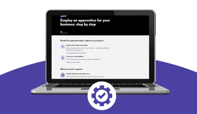 An open laptop displays the front page of the step-by-step Employer Guide to Apprenticeships.