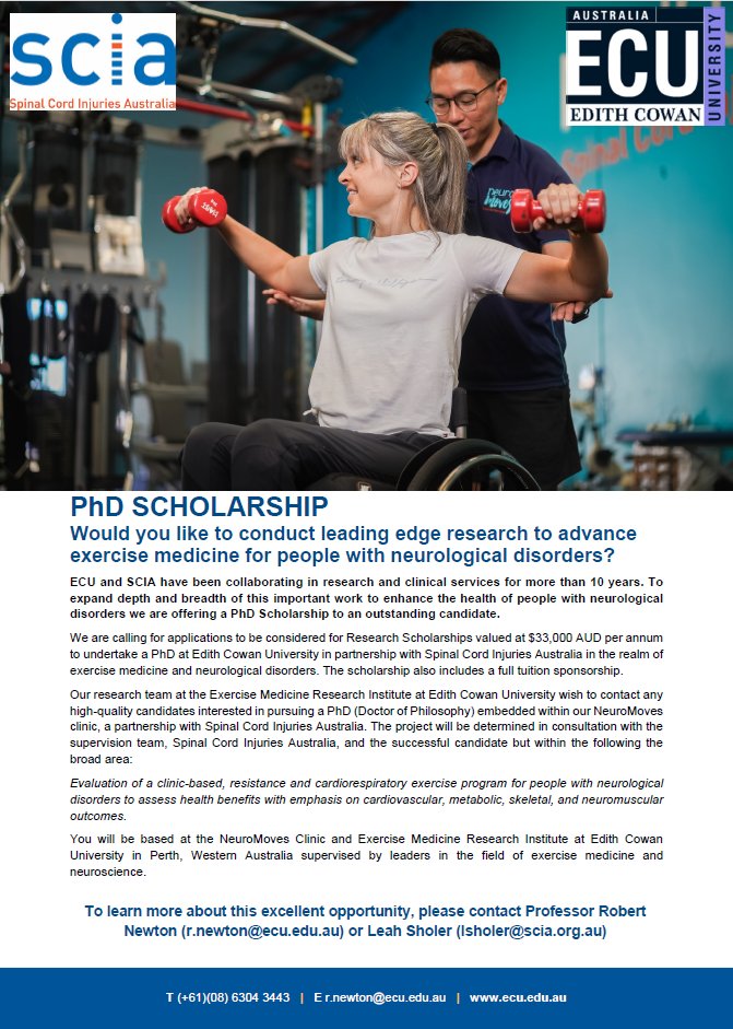 Rob Newton (@profrobnewton) on Twitter photo Great opportunity to pursue research and a doctoral degree in exercise medicine for people with neurological disorders with <a href="/EMRI_ECU/">Exercise Medicine Research Institute</a> at <a href="/EdithCowanUni/">Edith Cowan University (ECU)</a> in partnership with Spinal Cord Injuries Australia. Great opportunity to pursue research and a doctoral degree in exercise medicine for people with neurological disorders with <a href="/EMRI_ECU/">Exercise Medicine Research Institute</a> at <a href="/EdithCowanUni/">Edith Cowan University (ECU)</a> in partnership with Spinal Cord Injuries Australia.