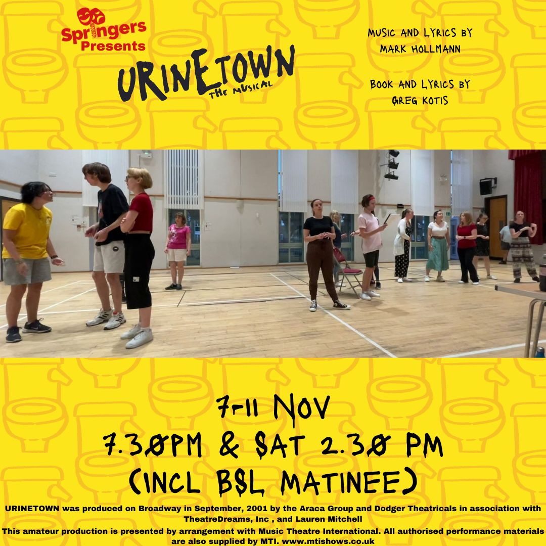 We have wizzed through Act 1 and now the setting of Act 2 is in full flow🌊

Our production of Urinetown will be at Chelmsford Theatre Studio 7 -11 November🧻
Tickets 🚽 chelmsfordtheatre.co.uk/events/urineto…

#Springers #Urinetown #YesThatReallyIsTheTitle #AmDram #SupportLocalTheatre
