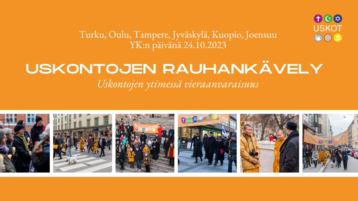 Tervetuloa #uskonto'jen #rauhankävely'lle YK:n päivänä 24.10. Turussa, Oulussa, Tampereella, Jyväskylässä, Kuopiossa ja Joensuussa! 🧡 Kävelyjen teemana on tänä vuonna #vieraanvaraisuus, joka on uskontojen ytimessä. Lue lisää: uskot.fi/?p=4375