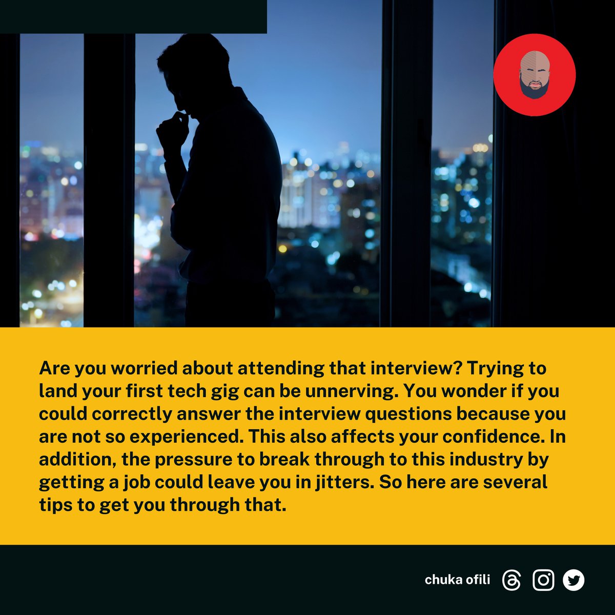 chukaofili's tweet image. Are you feeling anxious about your upcoming tech job interview? Don't fret. Confidence is key—believe in your potential and competencies. Align your preparation with the job description, demonstrating your understanding of the role.
#TechInterviewTips #ConfidenceMatters #Career