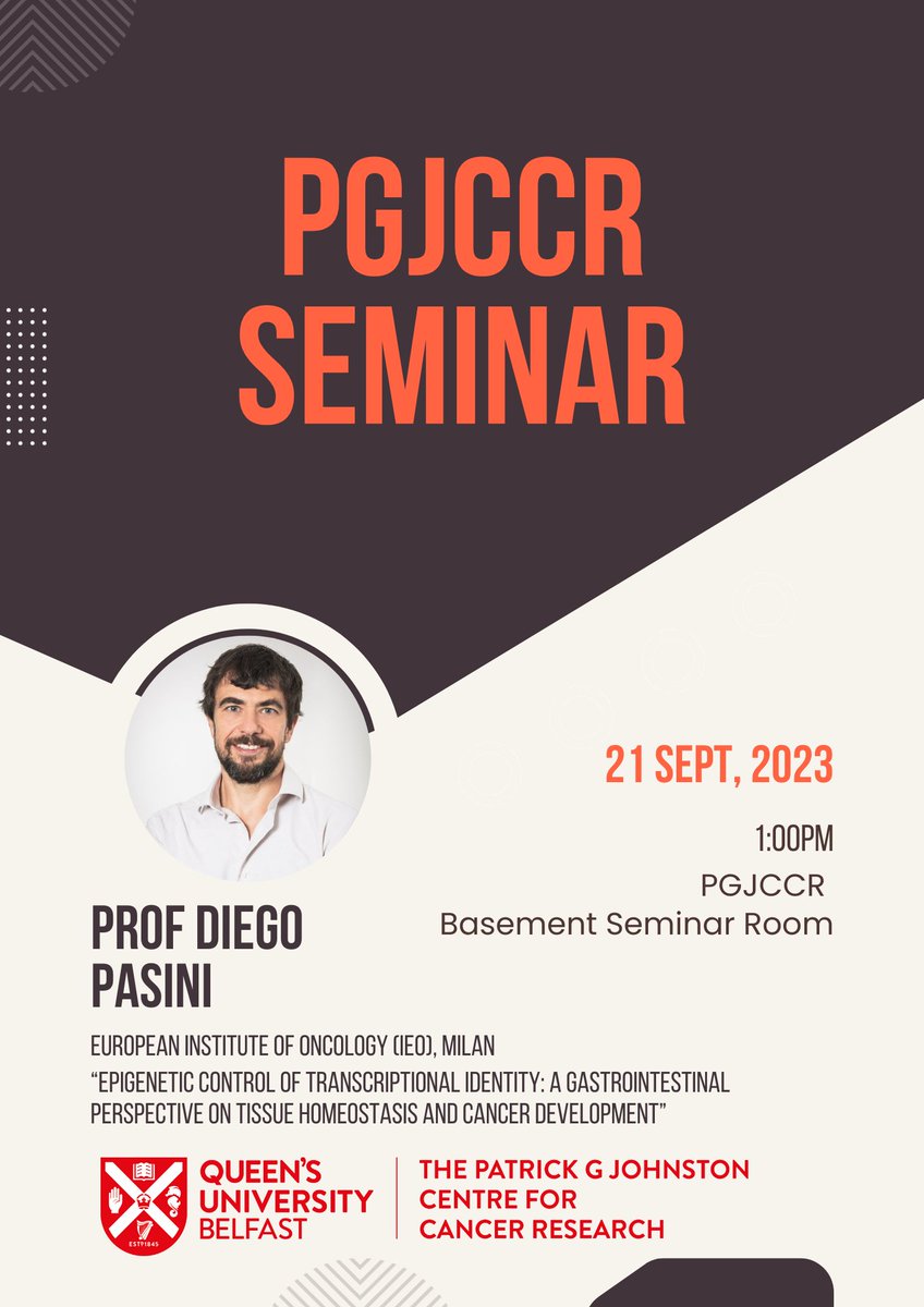 We're looking forward to welcoming Prof Diego Pasini from <a href="/pasini_lab/">DPlab</a> in <a href="/IEOufficiale/">IEO</a>, Milan for a #PGJCCRSeminar on Thu 21 Sep at 1pm.
Hosted by <a href="/YAtlasi/">Yaser Atlasi</a>, all welcome and free to attend!