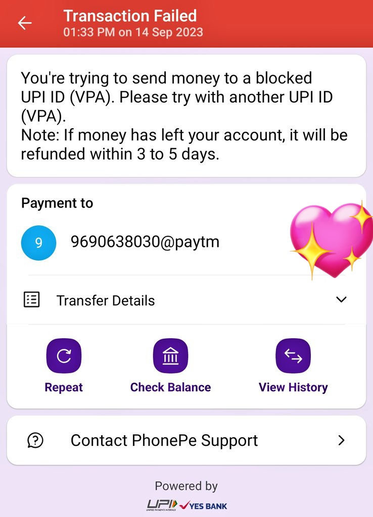 @thesuhailhashmi This is showing that this UPI is blocked please provide any other mode of transaction..