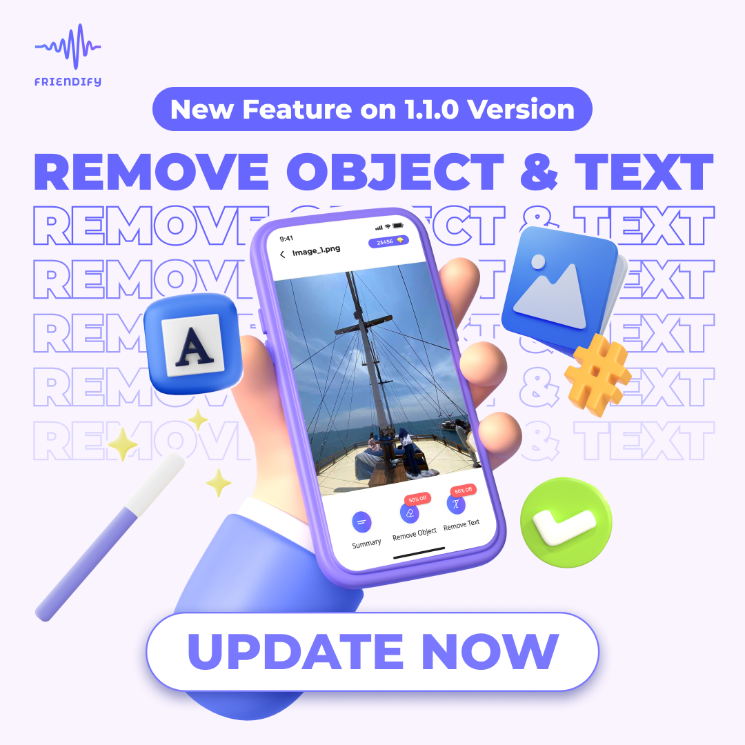 FriendifyGPT's tweet image. 👀INTRODUCING THE "REMOVE OBJECT" FEATURE
🌟 Remove unwanted objects from your photos with ease using the outstanding new feature from Friendify. Say goodbye to distractions and create picture-perfect memories.
🤘 Update your Friendify app now!
#FRIENDIFY #RemoveObject