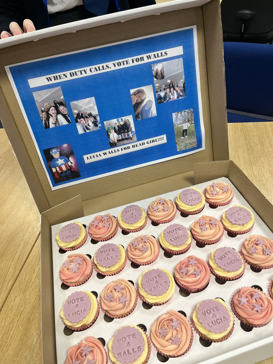 mrs_hernon's tweet photo. “When duty calls, Vote for Walls” 🗳️🧁
@HolyroodSec next head girl!!! #votelucia #headgirl #hustings #cupcakes #cupcakeforavote @Mrs_HteacherRE https://t.co/t5ZugO2sS2