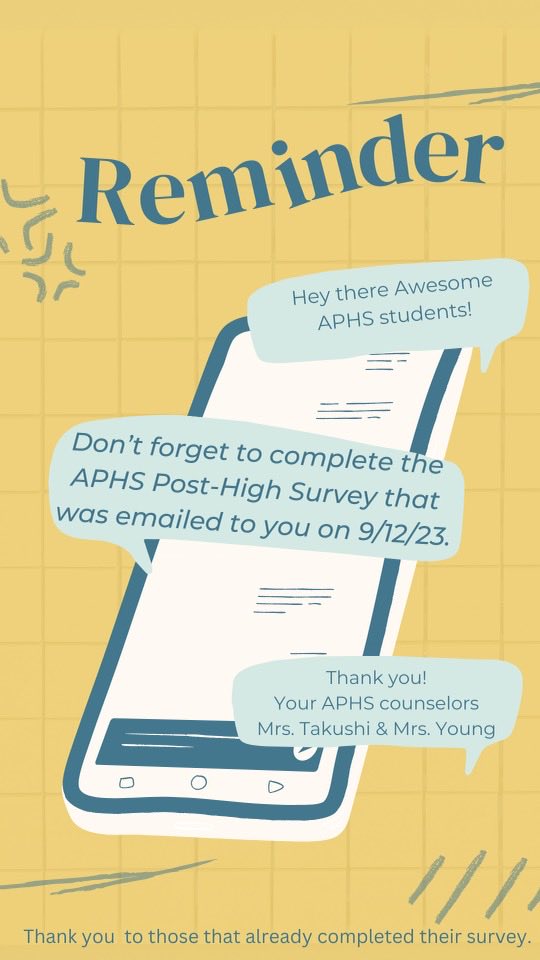 jchsaphs's tweet image. Please complete the APHS Post-High survey so that your counselors can help you to prepare.
