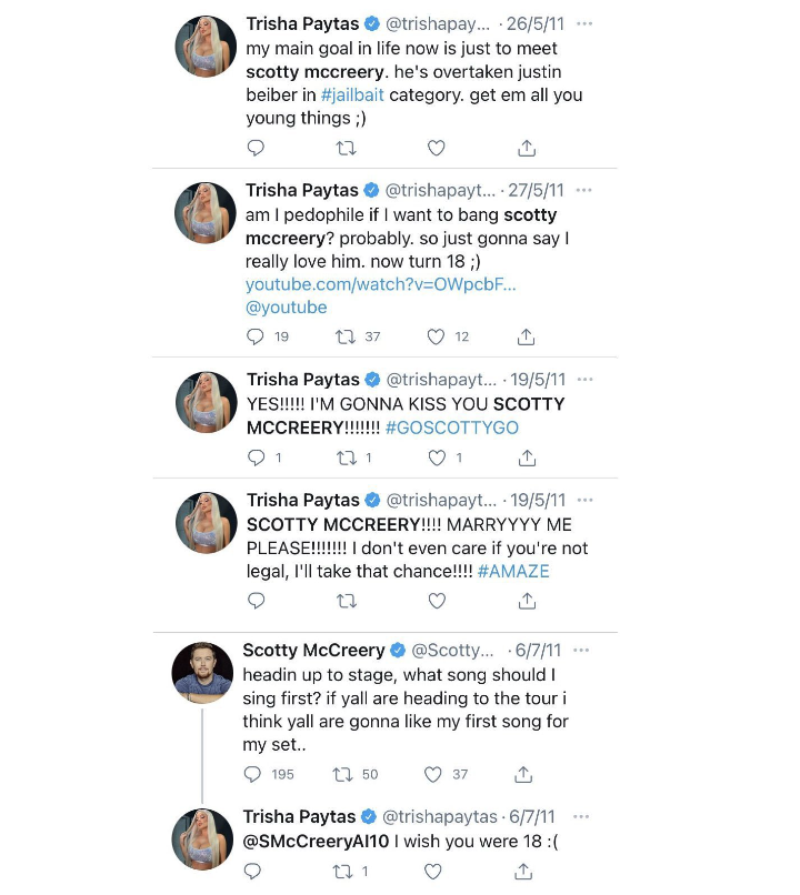 4evr_Searching's tweet photo. Trisha deserves to be called out like Colleen. 

Comments about Scotty in 2011. She was 23 and he was 17.

Justin in 2011/2010. She was 22/23 and he was 16/17.

Trevi in 2014. Trisha was 26 and she was 15. 

Taylor in 2013, who wasn't a minor, but Trisha believed she was https://t.co/jfqCJnOcAl