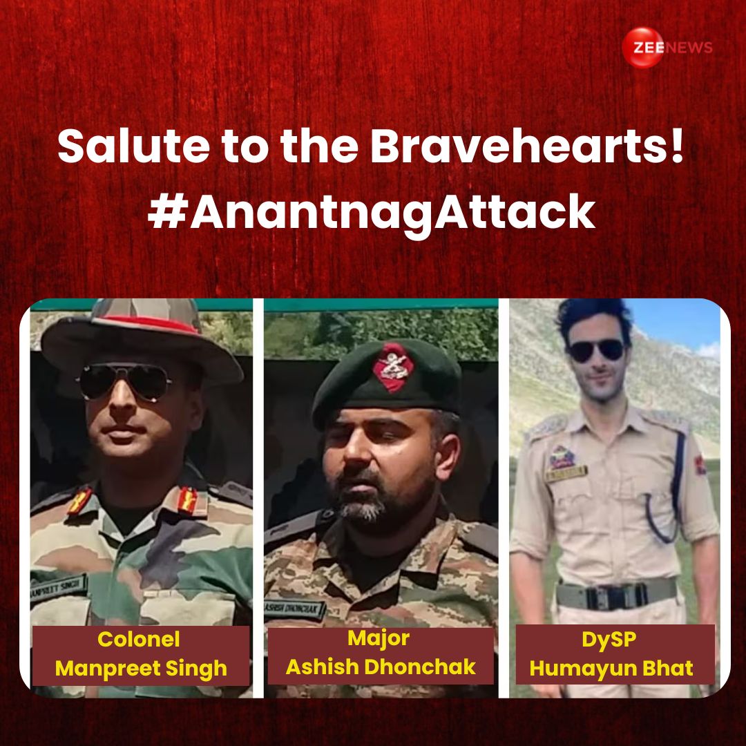 ZeeNewsEnglish's tweet image. Salute to the bravehearts killed in Anantnag encounter!

#ColonelManpreetSingh #MajorAshishDhonack #DySPHumayunBhat #AnantnagAttack
