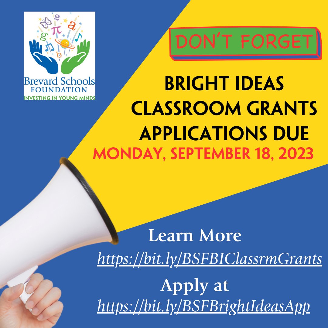 🍎 Teachers, we see your dedication! 
You shouldn't have to bear the burden alone. 
Apply for a Bright Ideas Classroom Grant, & let's make innovative projects a reality for students!
Be sure to share w/ teachers!
#BrightIdeasGrant #EmpoweringTeachers
@BFTeachers @BrevardSchools
