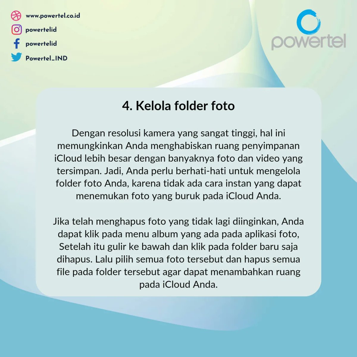Powertel_IND's tweet photo. 5 Tips Mengatasi iCloud yang Selalu Penuh Secara Gratis!

#teknologi #infoteknologi #icloud #iphone #icloudiphone #storage #icloudstorage #penyimpananstorage #icloudpenuh #tipsicloud #tipsstorage #storagetips #tipsdantrick #powertelid https://t.co/eXE7OUxax3