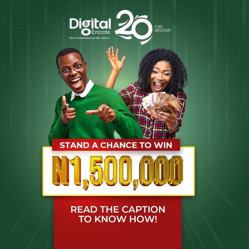 Gabriel Mancha (@gabrielmancha14) on Twitter photo To celebrate its 20th anniversary, <a href="/DigitalEncode/">Digital Encode</a>, Nigeria leading Cybersecurity and GRC firm, is giving away N1.5 Million
Follow <a href="/DigitalEncode/">Digital Encode</a> to know how to be part of it and have a chance of winning the cash prize To celebrate its 20th anniversary, <a href="/DigitalEncode/">Digital Encode</a>, Nigeria leading Cybersecurity and GRC firm, is giving away N1.5 Million
Follow <a href="/DigitalEncode/">Digital Encode</a> to know how to be part of it and have a chance of winning the cash prize