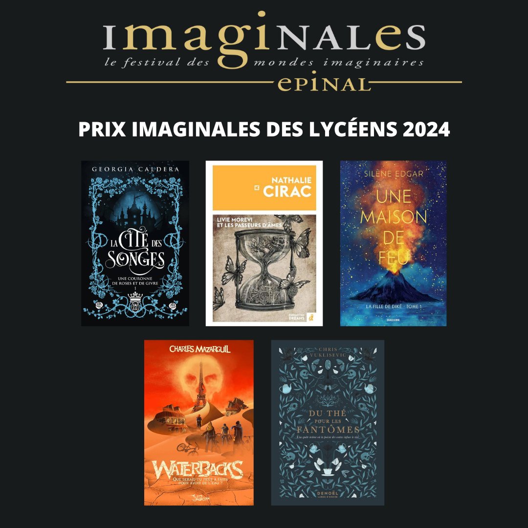 #imaginales2024 | Voici la sélection du Prix Imaginales des lycéens, félicitations à Georgia Caldera, Nathalie Cirac, @SileneEdgar, Charles Mazarguil et @ChrisVukli !  

➡️ Inscriptions : imaginales.fr/prix-litterair…

👍 Merci à <a href="/MagPhosphore/">Phosphore Mag</a> pour l'accompagnement de ce prix.
