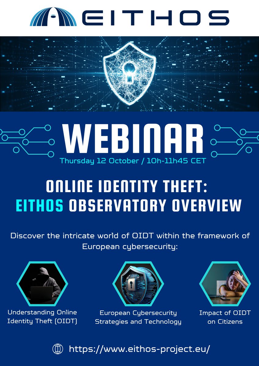 Centerforsecur1's tweet photo. ๐ข WEBINAR Online Identity Theft (OIDT): @EITHOS_EU Observatory overview 12/10/2023
Read More about #EITHOS at: https://t.co/p3TNI9IVmX
๐#Webinar REGISTRATION atย https://t.co/VEApGapUZ9
#YourIDmatters #ReportOIDT #IdentityRecovery https://t.co/GP3R0KpFow