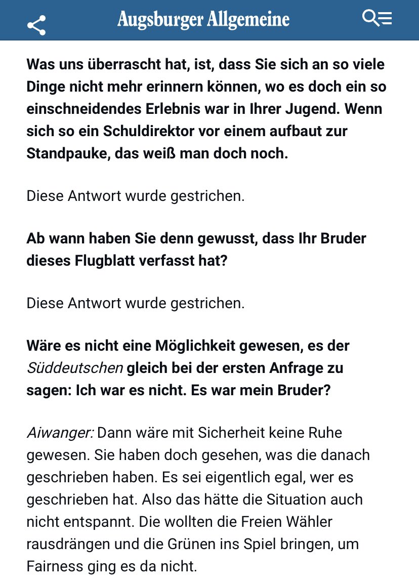 In seiner Replik auf Söders 25 Fragen schrieb Hubert Aiwanger, der Flugblatt-Vorfall habe „wichtige gedankliche Prozesse angestoßen“. Welche genau? Die Antwort auf diese Frage im Interview mit der @AZ_Augsburg hat er (wie mehrere andere) gestrichen. augsburger-allgemeine.de/bayern/intervi…