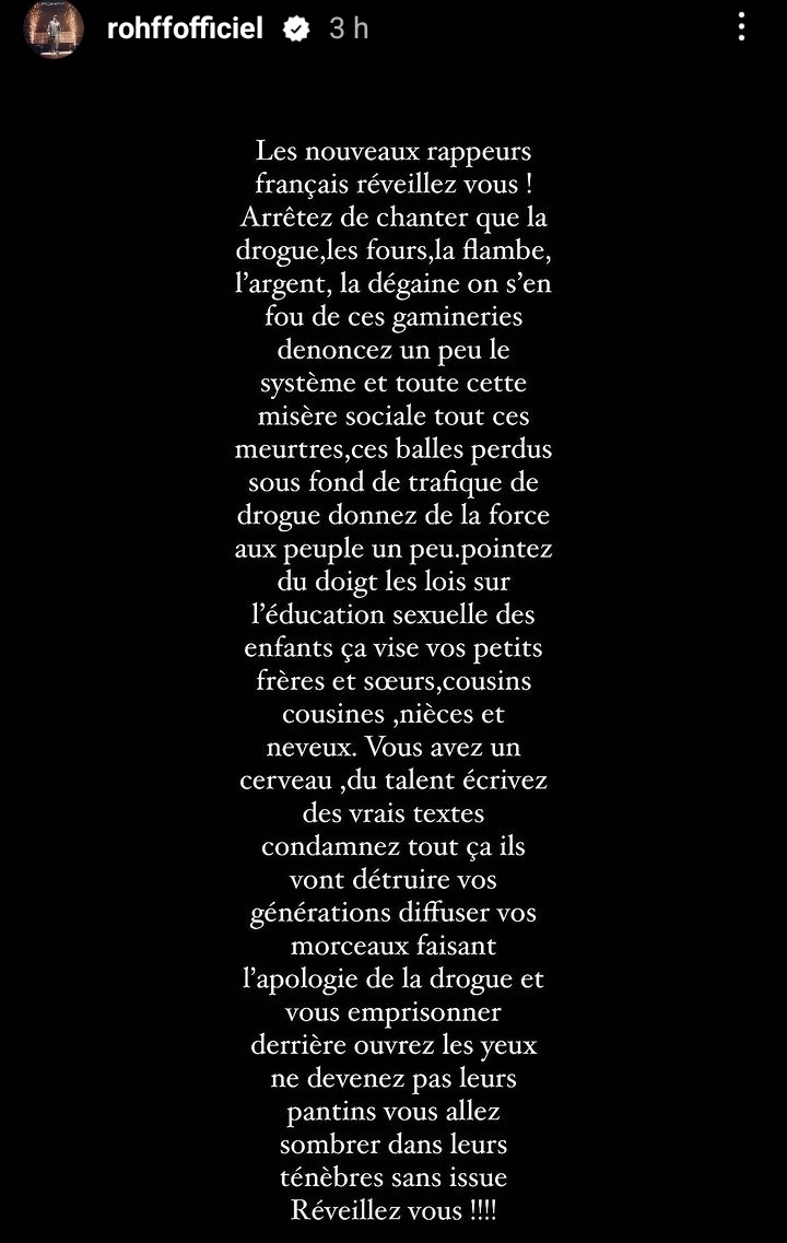 Rohff_News's tweet image. Rohff envoi un message aux nouveaux rappeurs sur Instagram 🗣

« Vous avez un cerveau, du talent, ecrivez des vrais textes, condamnez tout ca ils vont detruire vos générations diffuser vos morceaux faisant l'apologie de la drogue et vous enfermer derriere »