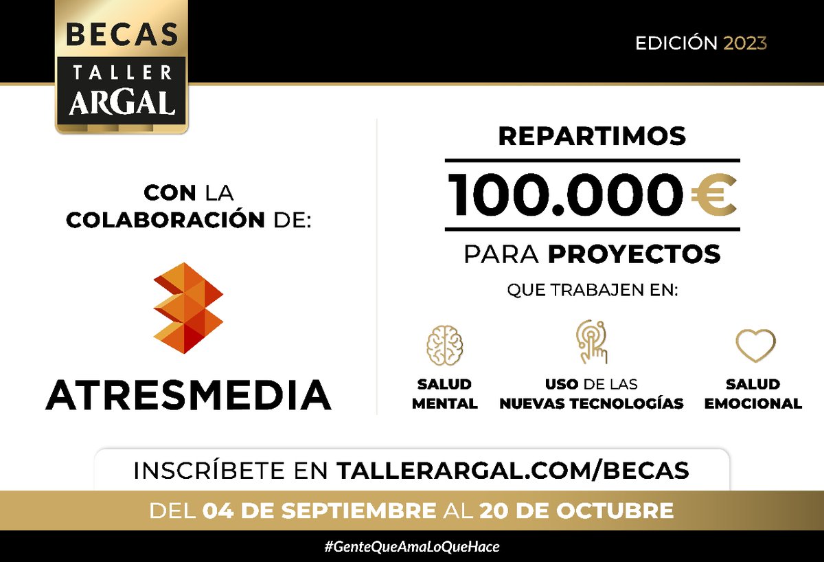 Para dar visibilidad a las #BecasTallerArgal y encontrar proyectos únicos, contamos con Sonsoles Ónega como embajadora y una gran difusión en Atresmedia. Podréis ver el spot y menciones al proyecto en los programas de mayor audiencia del grupo. Apúntate👉 argal.com/taller-argal/b…