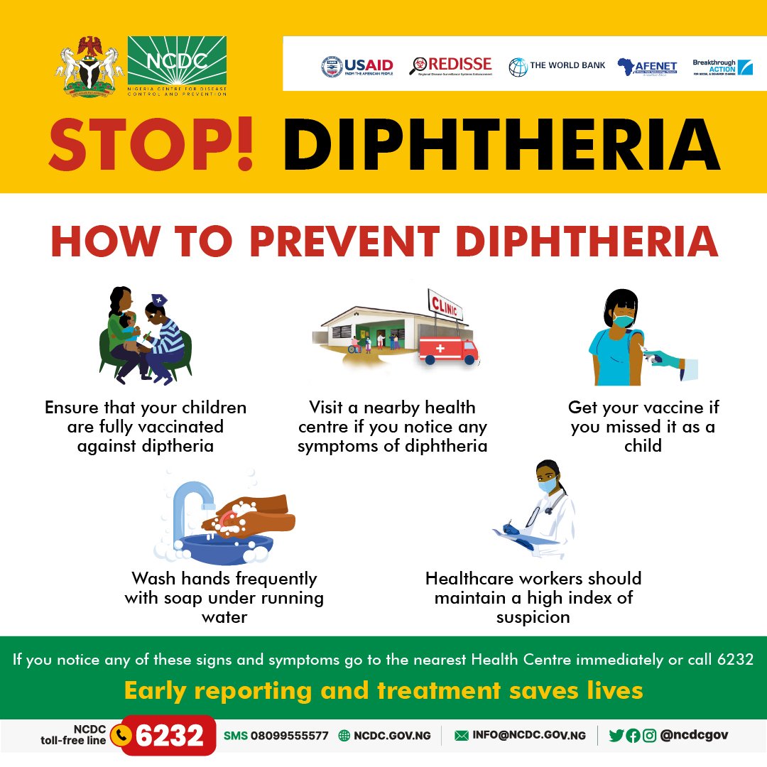 NCDCgov's tweet image. Dear healthcare workers,

Maintain a high index of suspicion for #diphtheria to ensure early detection and treatment. 

Ensure to take necessary precautions when handling suspected or confirmed cases of #diphtheria.

Advisory: ncdc.gov.ng/news/436/dipht…