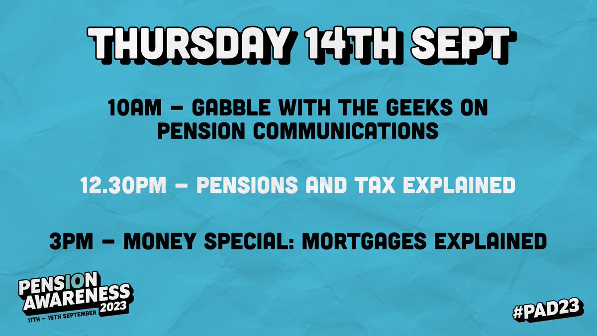 Pension Awareness Day (@pensionday) on Twitter photo Good morning and welcome to the penultimate day of Pension Awareness 2023!
<a href="/PensionGeeks/">Pension Geeks</a> start us off with a morning session for pension pros, sharing some of their insights on pension communication.
You can still sign up to the week’s events by using the link in bio!
#PAD23 Good morning and welcome to the penultimate day of Pension Awareness 2023!
<a href="/PensionGeeks/">Pension Geeks</a> start us off with a morning session for pension pros, sharing some of their insights on pension communication.
You can still sign up to the week’s events by using the link in bio!
#PAD23