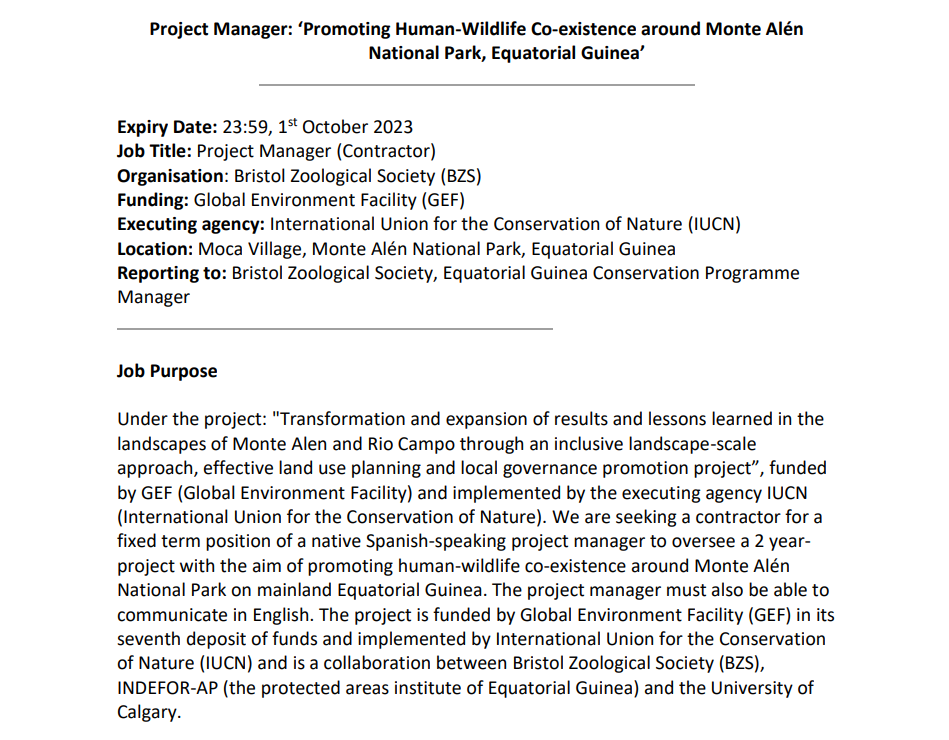 Spanish-speaking and interested in human-wildlife coexistence? A project manager position is available with <a href="/BrisZooSociety/">Bristol Zoological Society</a>'s Equatorial Guinea project! Local candidates encouraged.  shorturl.at/sRWZ1
#conservationjobs #pleaseshare #hwc #forestelephants