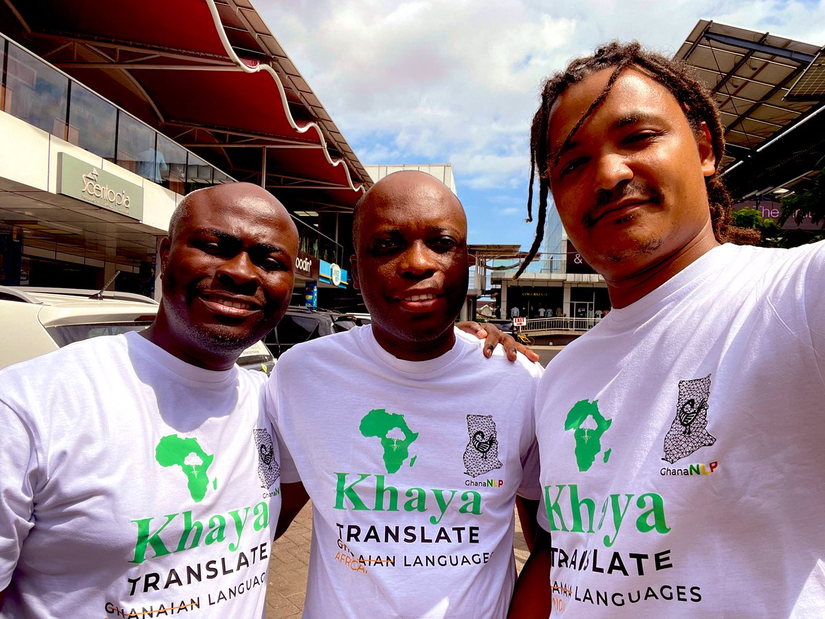 pazunre's tweet photo. Grateful for every chance to meet my guys Atsu and @moorekwesi to discuss the future of AI / NLP in Ghana cc @ghananlp @algorineinc 

Who wants to get one of these new t-shirts to support our mission?🧐 

@abigaildat designed them 🤩 https://t.co/76sKDScybp