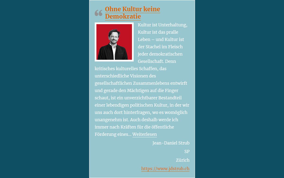 Pro_Kultur's tweet photo. Ohne Kultur keine Demokratie

Jean-Daniel Strub | SP | Zürich 
https://t.co/LxI3fIXQwH

https://t.co/yBQgbkkoRx

Weitere Statements unter https://t.co/6MwIxta9zG  

Facebook: 
https://t.co/6MwIxta9zG 

Instagram: 
https://t.co/M4UwHJOHOR https://t.co/HRYL6rDE92