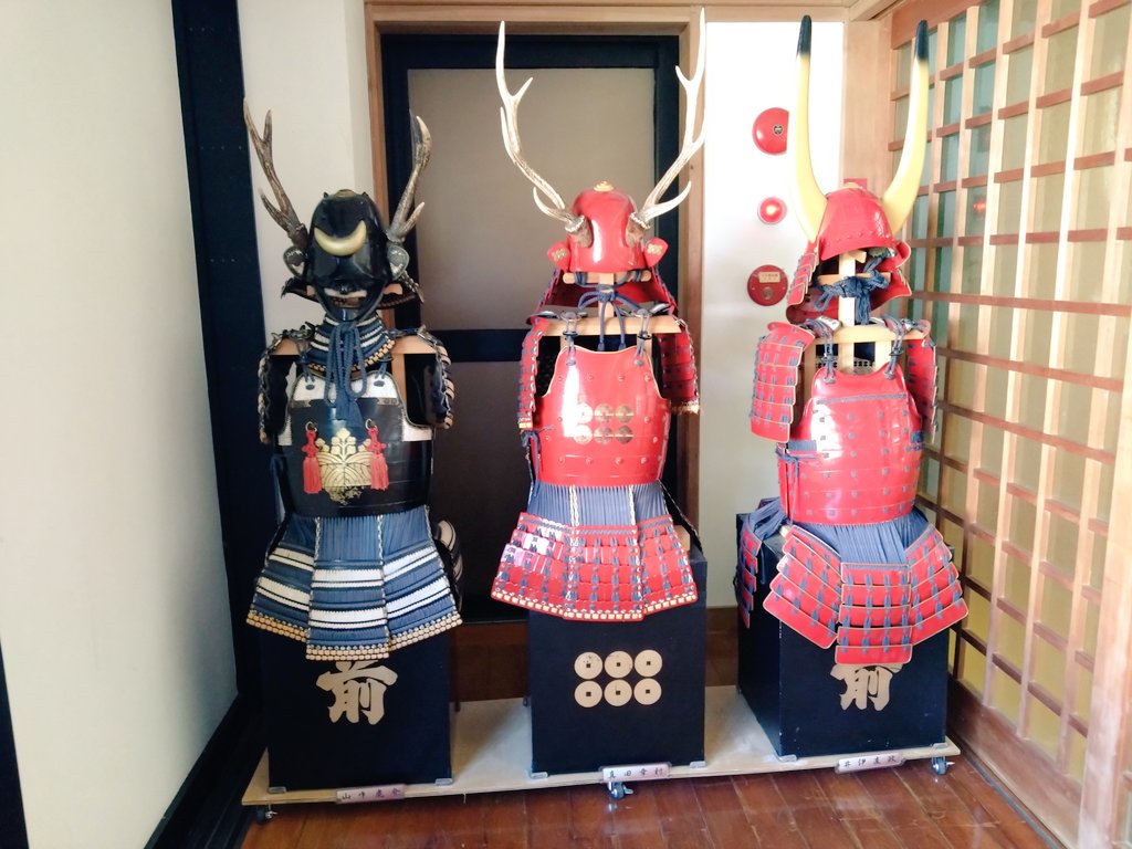 屋根に雑草?生えてたよ…😅すごい生命力。鎧は山中鹿之介、幸村、直政。(レプリカ?) 