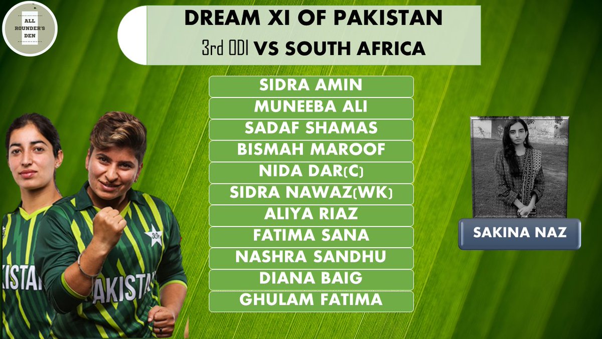 @Itsnaz03 after some consideration has chosen to drop SADIA IQBAL & get DIANA BAIG right in XI for 3rd ODI🏏 

Do you agree with her Dream XI? 

 #PAKWvSAW #BackOurGirls #AlwaysRising #WomensCricket #PakistanCricket #NidaDar #AliyaRiaz #FatimaSana #BismahMaroof ||ARD