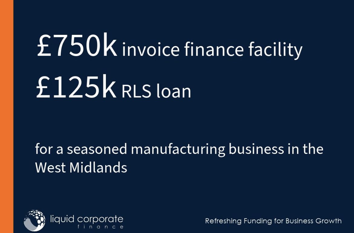 Done deal! 📣

Liquid Corporate Finance have completed a £750k invoice finance facility with  £125k RLS loan for a Midland’s based manufacturing business.

Want to speak to a brokerage with a refreshing approach to help grow your business? Get in touch.

liquidcf.co.uk