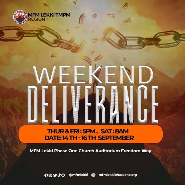mfmlekki's tweet photo. Join us for our Weekend Deliverance programme this week.

Thursday (5.00pm), Friday (5.00pm), and Saturday (8.00am)

#weekenddeliverance #mfmlekki #mfmlekkiphase1 https://t.co/OvbK00ySmM