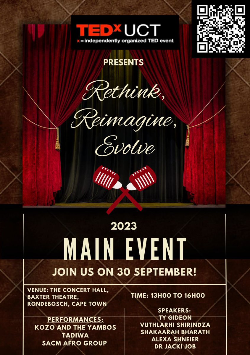 TEDxUCT2025's tweet photo. The event of the year is here! Scan the QR code and book your tickets immediately! TedxUCT hopes to see you there! https://t.co/MyzvmIjfh0