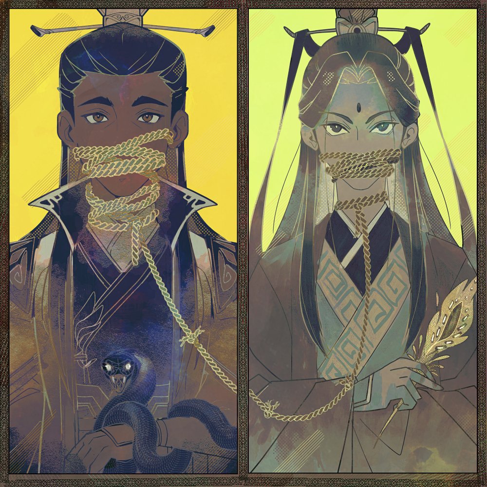 long hair 2boys multiple boys dark skin hanfu chinese clothes looking at viewer  illustration images