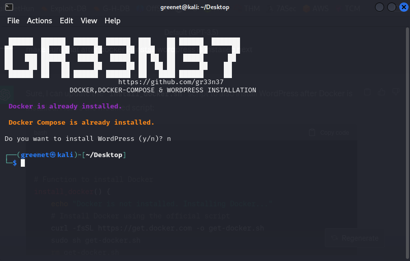 GR33N37's tweet image. I have created a bash script that installs docker,docker-compose and WordPress for you, go on and install your own hacking lab, it works on all Linux distros #docker,#docker_compose , #WordPress ,#Linux,#hacking
github.com/gr33n37/script…