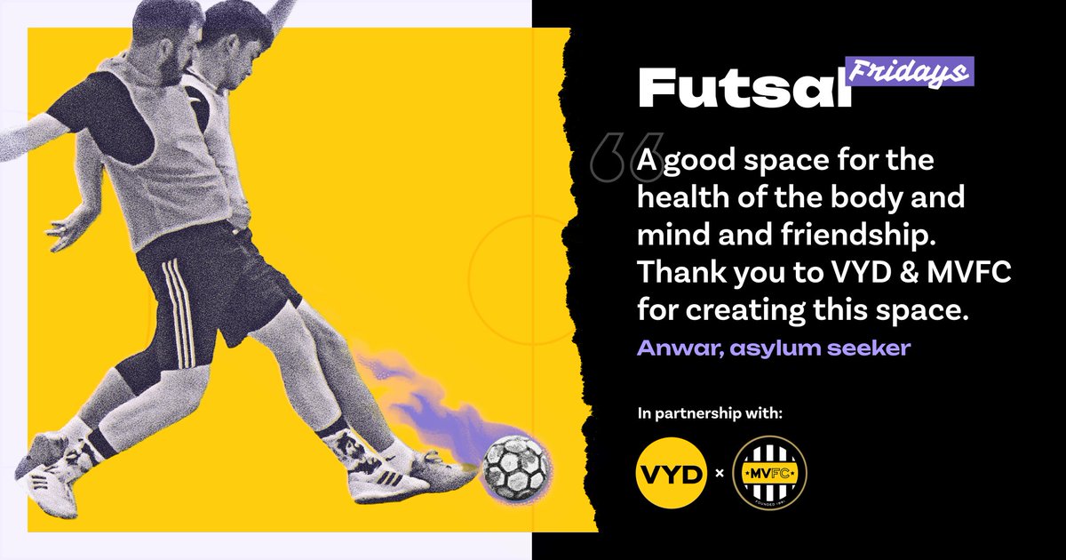 "A good space for the health of the body and mind and friendship...thank you to @vyd_cic  &amp; <a href="/MontpelierVilla/">Montpelier Villa FC</a> for creating this space."
- Anwar, asylum seeker

💛🖤💜

Come along this Friday and see for yourself: group.spond.com/PNXGK 🙌

#FutsalForGood #FutsalFridays