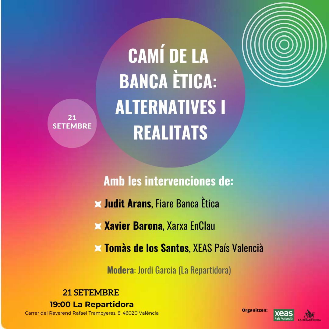 Voleu saber més sobre la banca i les finances ètiques? 
Ens veiem el dijous que ve, 21 de setembre, a les 19:00 en <a href="/LaRepartidora/">La Repartidora</a> (València).
Comptarem amb Judit Arans de <a href="/fiareBE/">Fiare Banca Etica</a>, Xavier Barona de <a href="/RedEnclau/">Red Enclau</a> i @tomdelos de XEASPV. 
💚Vos esperem a totes! 💚