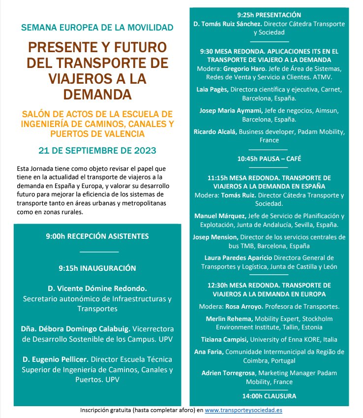 📣 Jornada PRESENTE Y FUTURO DEL TRANSPORTE DE VIAJEROS A LA DEMANDA 🚌 

🗓️21 de septiembre de 2023 
⏰9:00 a 14:00h 
📍Salón de Actos <a href="/CaminosUPV/">Caminos UPV</a> 
#SemanaEuropeaMovilidad

📝Inscripción gratuita en:

transporteysociedad.es/jornada-transp…