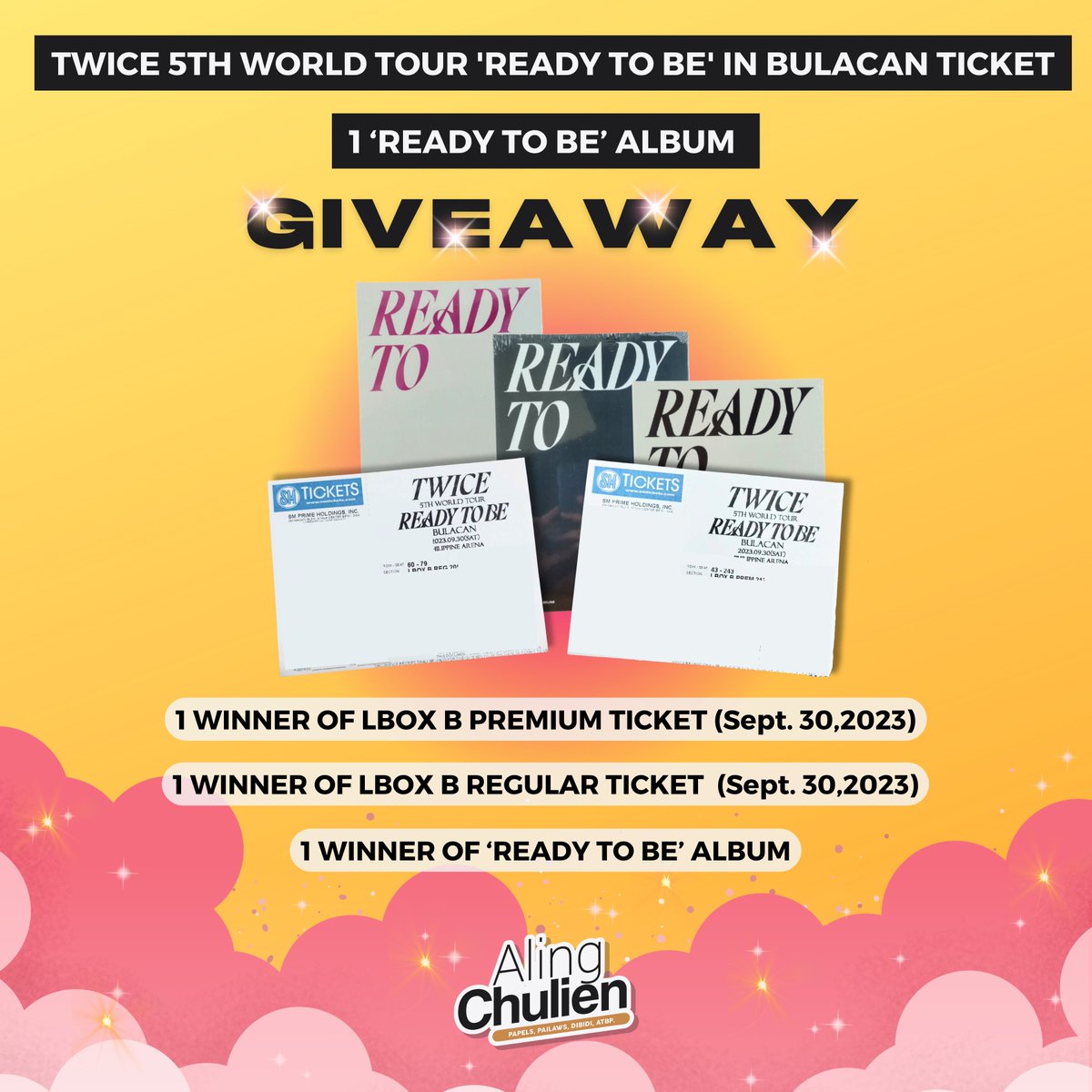 chulien07's tweet photo. Do you ✨fancy✨ attending the TWICE 5TH WORLD TOUR 'READY TO BE' IN BULACAN? Yes or yes? Then this giveaway is for you! 😉

JOIN THE GIVEAWAY AND GET A CHANCE TO WIN A TWICE 5TH WORLD TOUR 'READY TO BE' IN BULACAN TICKET AND ONE 'READY TO BE' ALBUM! ✨ https://t.co/Gnt925LJHJ